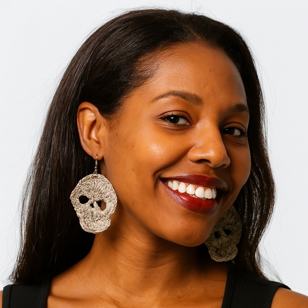 Handmade Crochet Skull Earrings Fall Season Halloween knit jewerly Tan Glitter 2